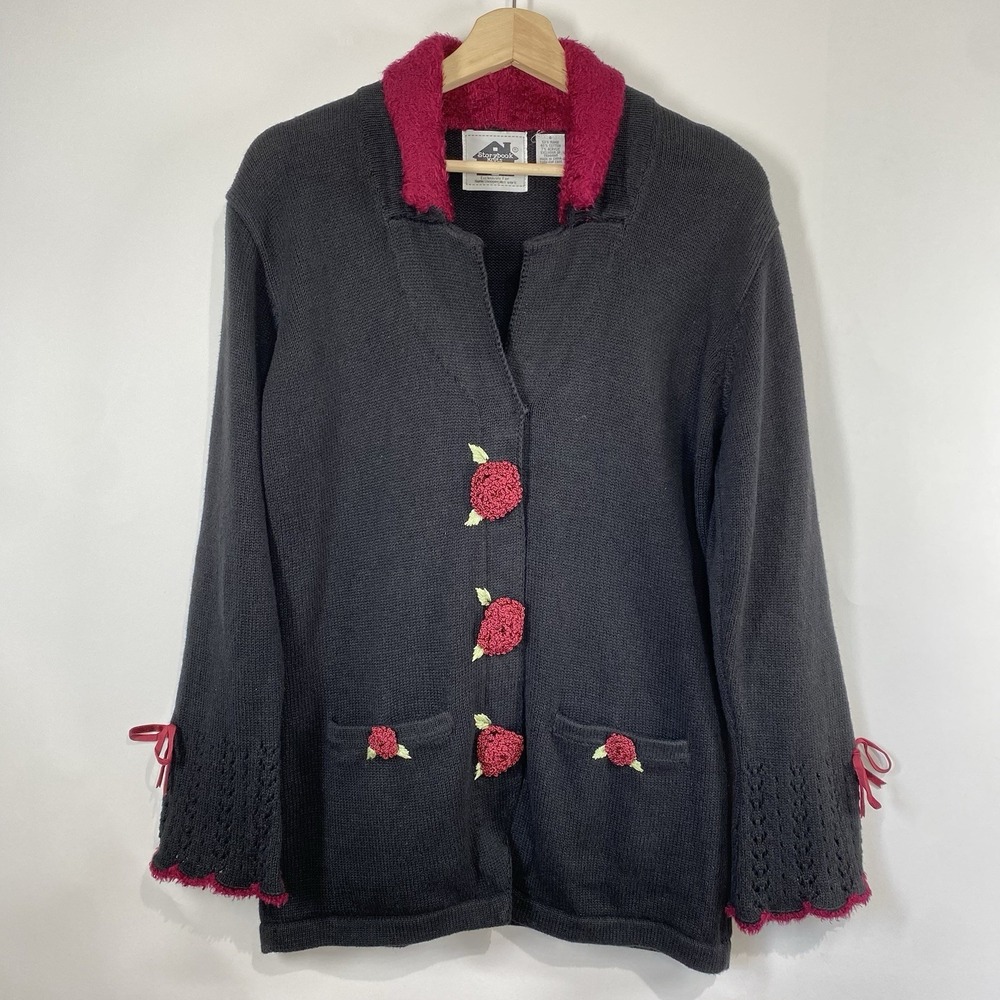 Storybook Knits Women's Rose Crochet Cuff Boho Button Front Cardigan Small Black